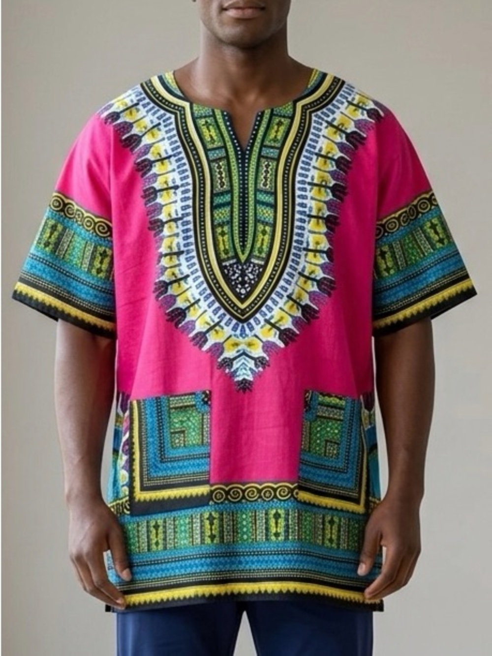 Fuchsia Dashiki Tunic Shirt African Print 100% Cotton Hippie V-Neck Boho L EUC